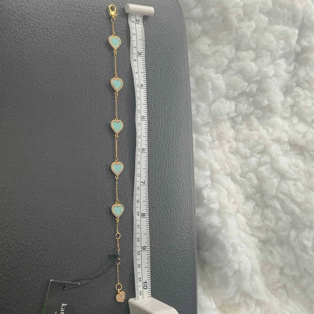 kate spade Gold Bracelet with Mint Heart Charms on Chain - Picture 7 of 8